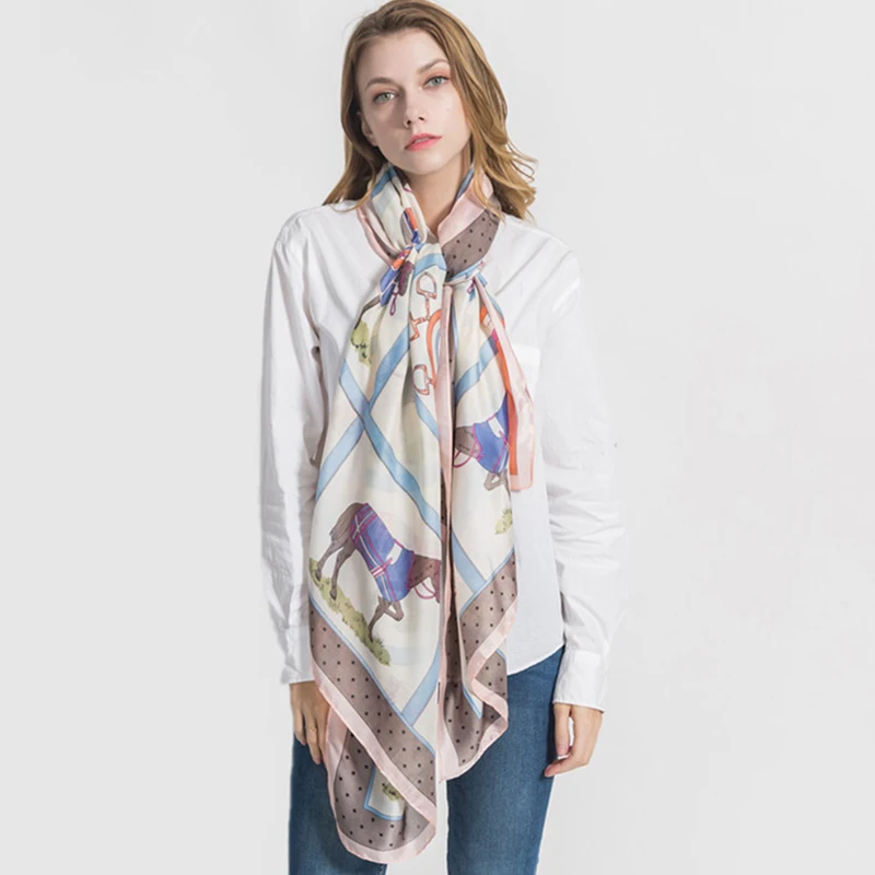 

brand new women's silk scarf White plaid horse print scarf women 180*90 cm Sunscreen Bandana Long Shawl Light and breathable