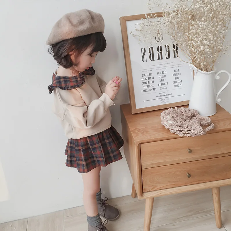 

2019 New Kids Spring Clothes Girls Clothing Sets Long Sleeve Plaid Peter Pan Collar Top +Grid Tutu Skirt Princess Suits For 2-7T