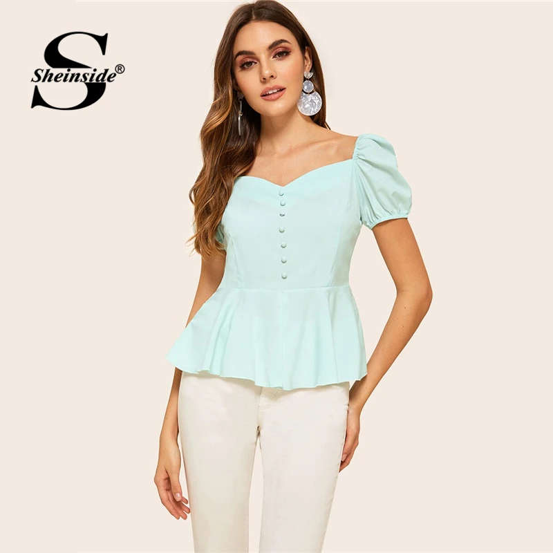 

Sheinside Casual Button Detail Ruffle Hem Blouse Women 2019 Summer Puff Sleeve Blouses Ladies Elegant Solid Sweetheart Neck Top