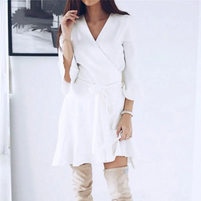 Fashion dress women Autumn Winter 2018 Ladies elegant Long Slevel V Neck Lace Up Mini Dress Party Boho Dress vestido O04#N (4)