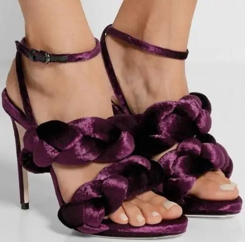 

Summer 2018 Ladies Mixed Color Ankle Strap Sandals Woman Twist Braid High Heels Dress Party Shoes Woman Sexy Suede Shoes