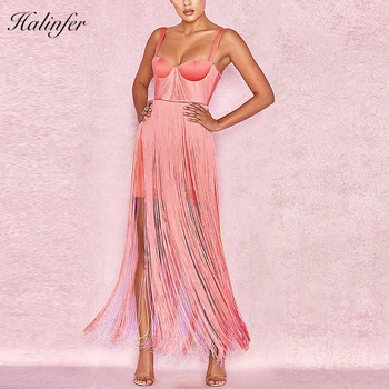 

Halinfer 2018 New summer women dress sexy bodycon strapless tassel bandage dress celebrity party yellow pink red dresses vestido