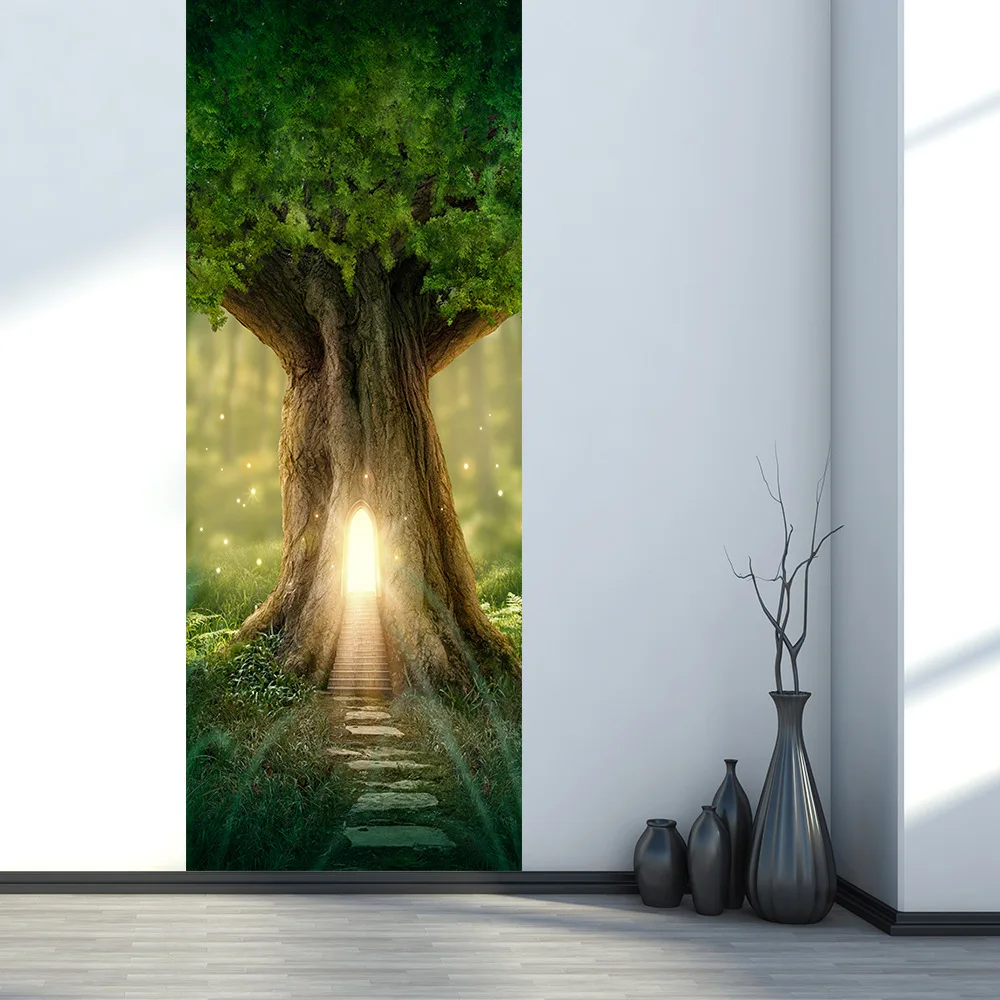 3D деревянные двери Наклейка дерево отверстие, светильник, Зеленая Арка настенные самоклеющиеся виниловые съемные настенные плакаты двери обои