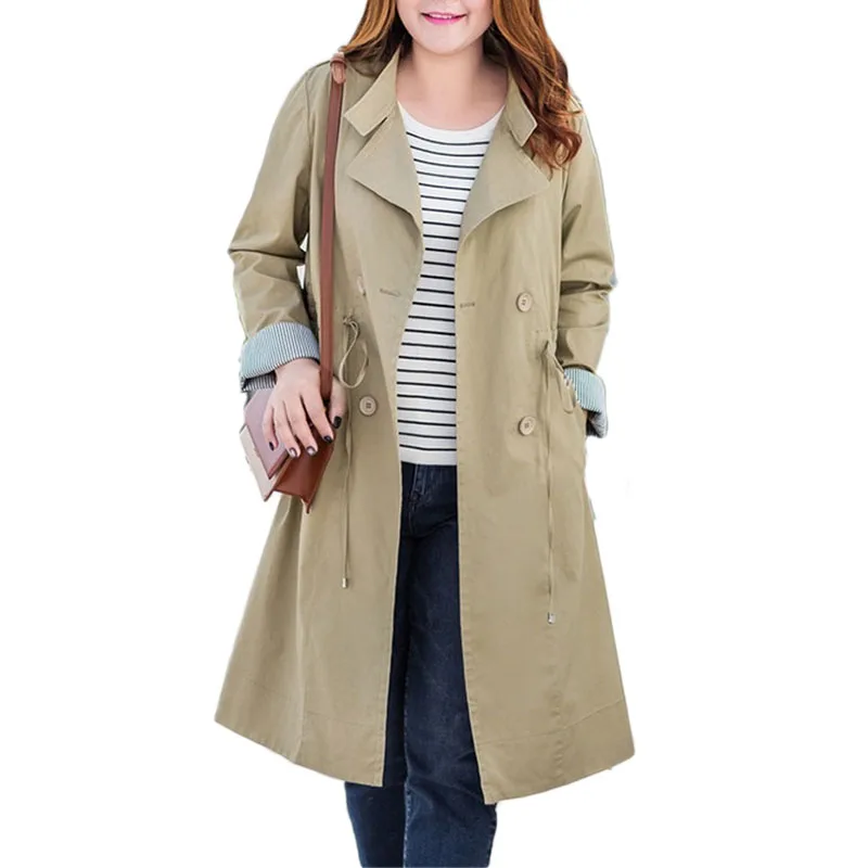 Новая женская ветровка с завязками пальто весенний узкий длинный плащ пальто Женская мода стоячий воротник плюс размер пальто 6XL A365 - Цвет: Khaki