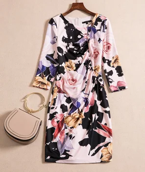 

2018 New Flower Print Women Knitted Cotton Dress Fashion Sheath Work Dresses k589