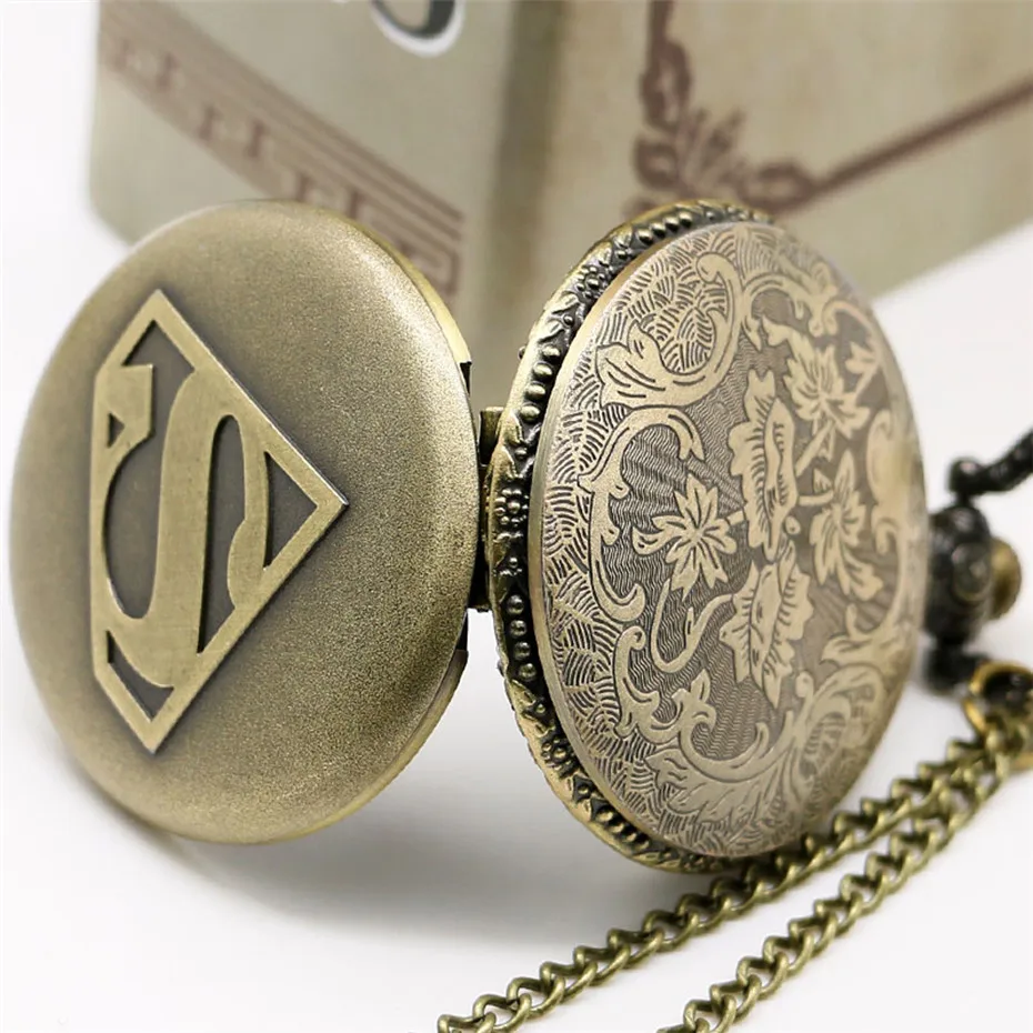 Супер человек дизайн кварцевые карманные часы цепочки и ожерелья подвеска Fob для мужчин часы Подарки Box Set мужской часы обувь для