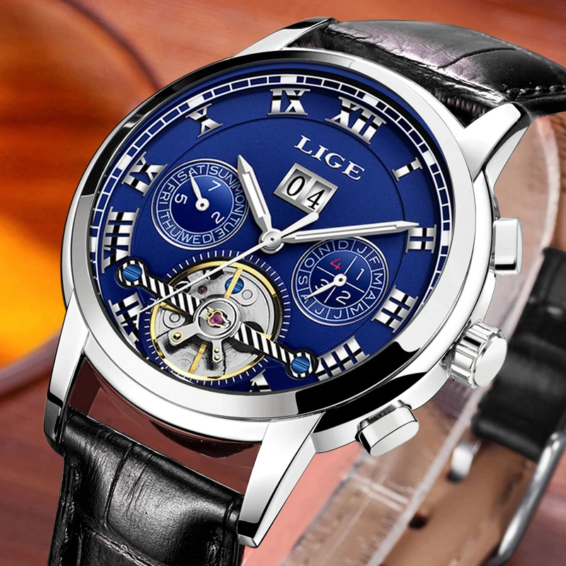 Lige watchbrand Для мужчин часы автоматические механические Наручные кожаный ремешок