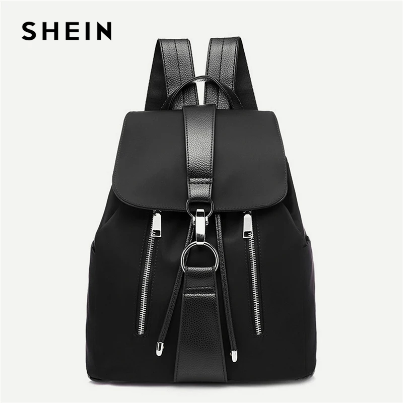 SHEIN Black Highstreet Modern Lady Metal Ring Detail Zipper PU Backpack 2018 Fashion Streetwear Backpacks