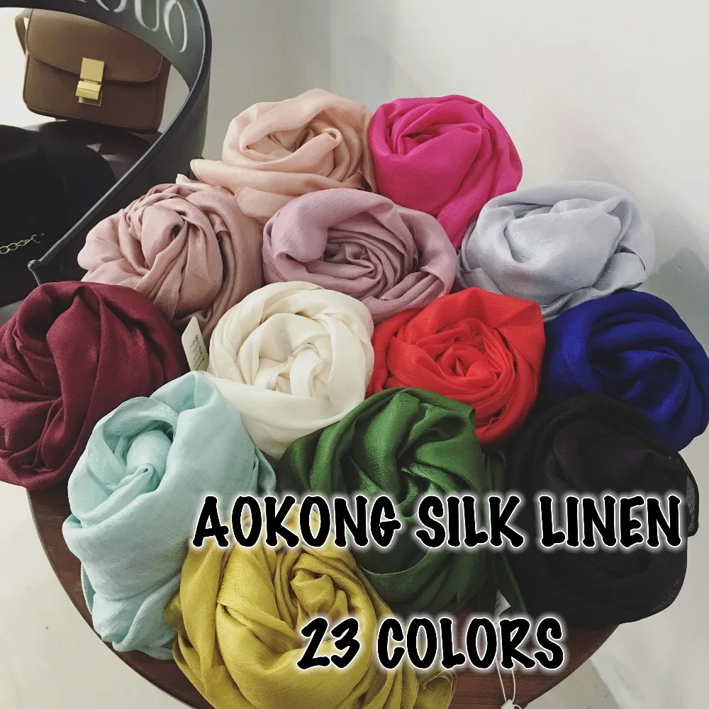 95*180cm New High Quality Soft Silk Linen Shinny Solid Plain Shawls Oversize Muslim Headband Wraps Hijab Scarves 3