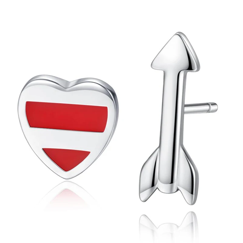

2019 Trendy 925 Sterling Silver Earrings For Women Jewelry Asymmetry Red Heart & Arrow Stud Earring Lady Anniversary Accessories