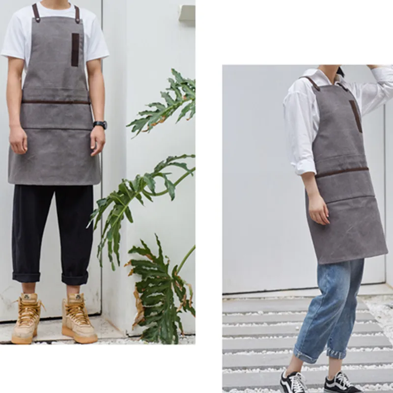 Gray Coffee Washed Canvas Apron Cotton Leather Straps E11-6