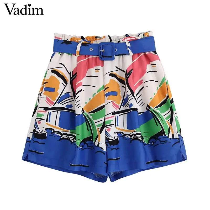 

Vadim women cozy print shorts bow tie belt pockets elastic waist female casual stylish shorts pantalones cortos SA176
