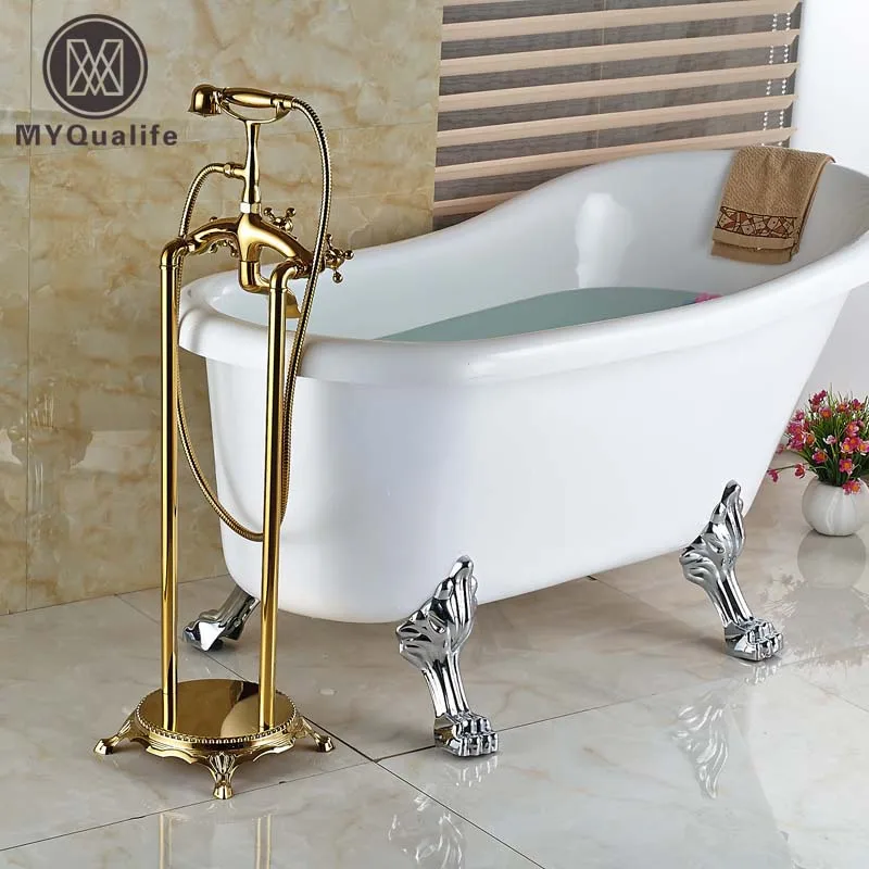 

Luxury Dual Cross Handles Golden Floor Mount Bathtub Shower Faucet Telephone Style Free Standing Tub Mixer Taps