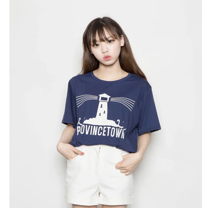 Korean ulzzang Kim Min Zhu same paragraph Lighthouse the letter printing boyfriend BF wind wild short-sleeved T-shirt | Женская одежда