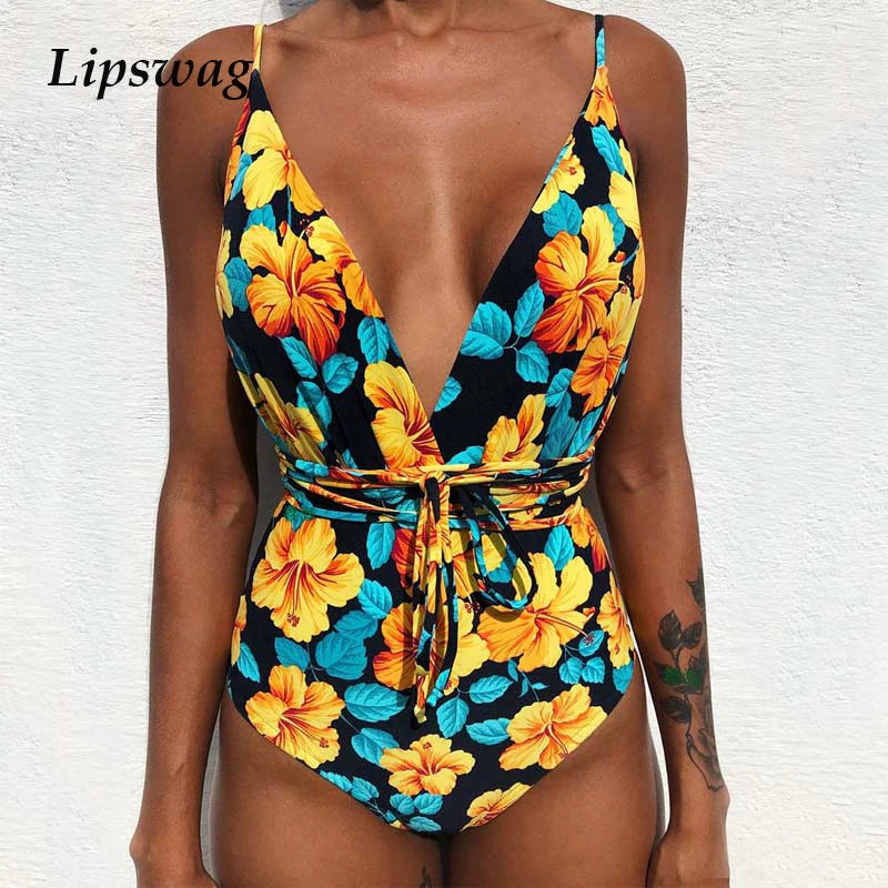 Sexy XXL Backless One Piece Swimsuit 2019 Women Print Bandage Swimwear Beachwear deep v Cut Out Bodysuit Monokini Bathing Suit afbeelding