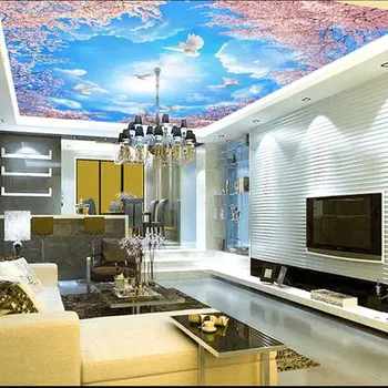 

Ceiling Wall Papers 3D Bedroom Pink Sakura Tree Leaf Sky Wall Paper Mural Stickers Thicken Self Adhesive Vinyl / Silk Wallpaper