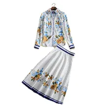 autumn fashion desginer brand skirt two pieces sets long sleeve women’s shirt and midi skirt blue floral print plaid blouses set