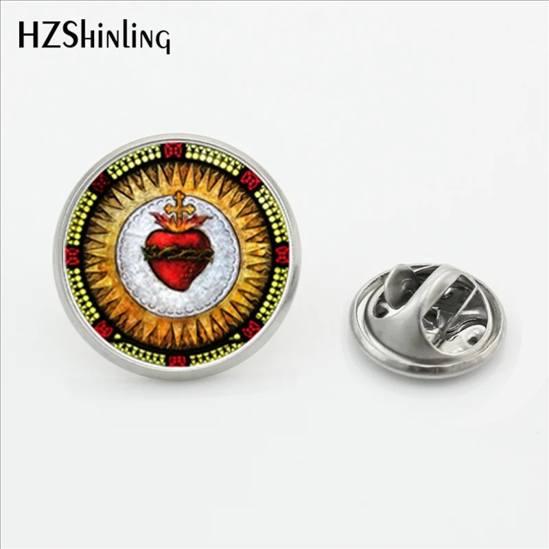 

2017 New All Saints Catholic Church Sacred Heart Brooch Christian Heart of Jesus Jewelry Lapel Pins Stainless Steel Collar Pin