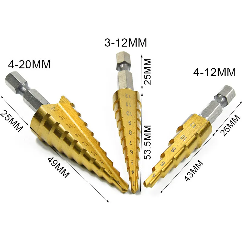 

Metal Drill 4-12/20mm Step Drill Bit Spiral Flute HSS Steel Cone Titanium Coated Mini Drill Bit Tool Set Hole Cutter