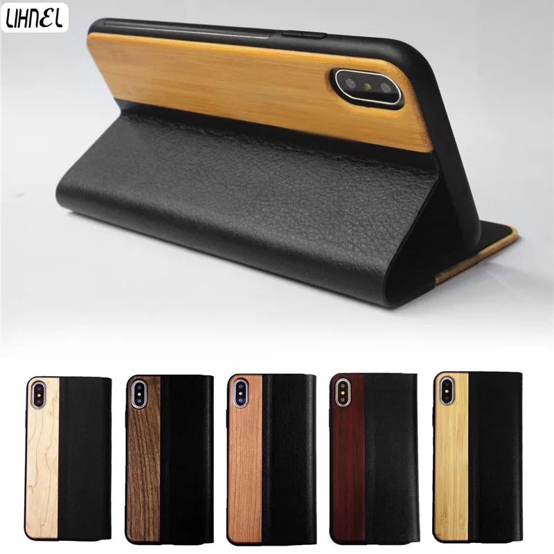 

Magnetic Natural Wood Case For iPhone 8 7 6S Plus Genuine Bamboo Flip Leather Wallet Stand Coque For iPhone 6 6s XS Max XR Case