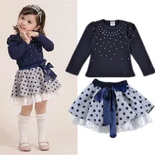 Новое поступление, осенняя футболка для девочек+ юбка, комплект одежды из 2 предметов, комплекты одежды в горошек с бантом для больших девочек