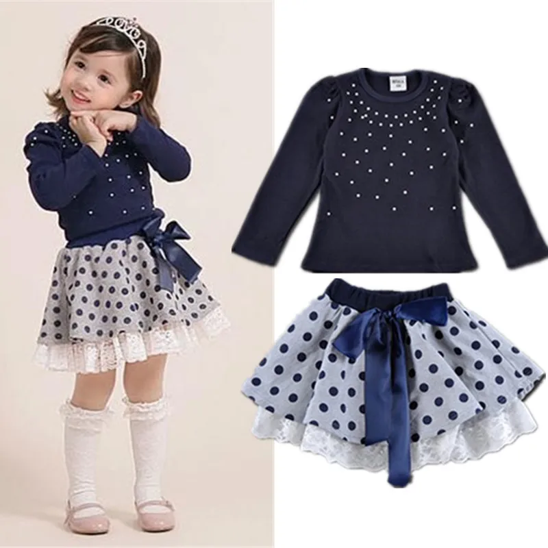 

2019 Brand New Arrival Autumn Girls T-shirt + Skirt 2pcs Clothing Dot Bow Big Girls Clothes Sets