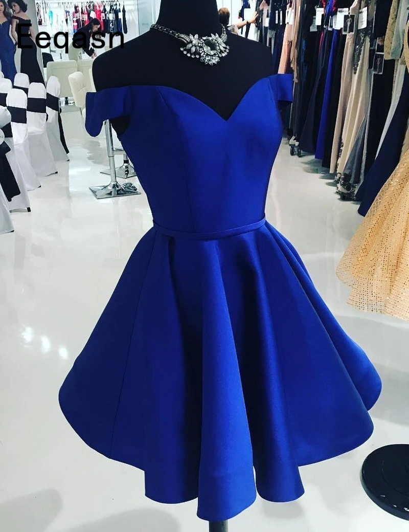 Short Royal Blue Cocktail Dresses Off the Shoulder A-Line Satin Women Formal Prom Party Gown Homecoming Dress Semi Formal Dress