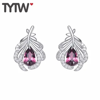 

TYTW Newest 925 Sterling Silver Women Earring Crystals from Austrian Korea Fashion Brand INS HOT Crystal Feather Earring Earbob