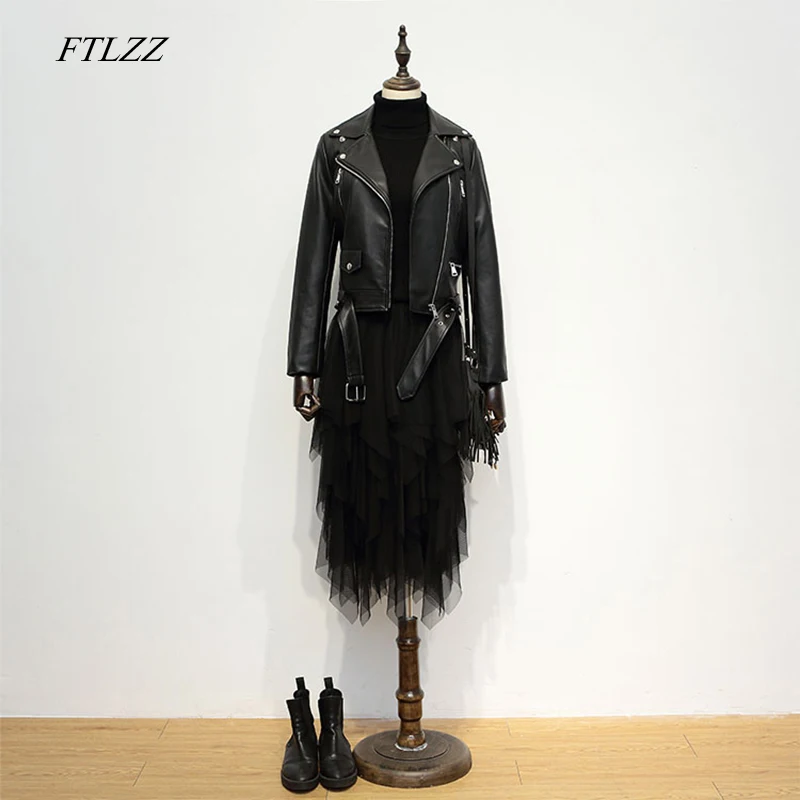 

FTLZZ 2019 New Fashion Women Autumn Winter Black Pu Leather Jackets Zipper Pocket Long Sleeve Coat Turn Down Collar Biker Jacket