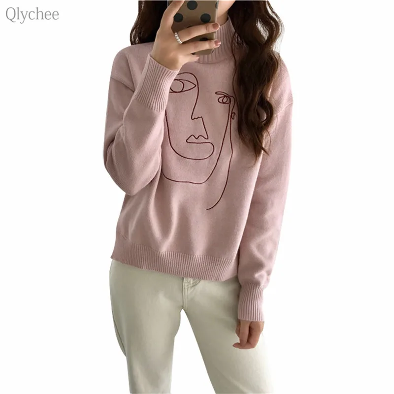 

Qlychee Face Embroidery Sweater Female Long Sleeve Turtleneck Warm Pullover Autumn Winter Casual Sweet Women Sweaters