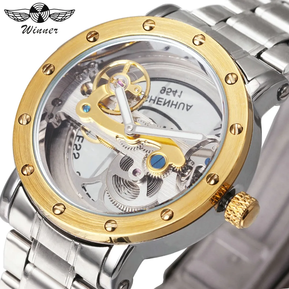

WINNER Auto Mechanical Watches men Golden Bridge Top Brand Luxury Silver Stainless Steel Strap Skeleton Watch relogios masculino
