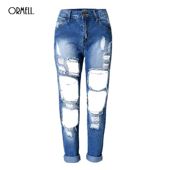 

Free Shipping 2016 New Loose Vintage Mid Waist Jeans New Womens Pants Ankle Length Big Hole Pants Boyfriend Cowboy Pants