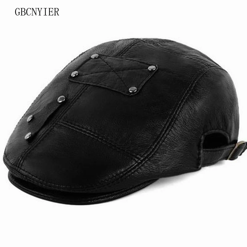 

GBCNYIER Old Men Sheepskin Leather Hat Winter Warm Real Leather Berets Male Casual Golf Sun Hats Winter And Spring Cap