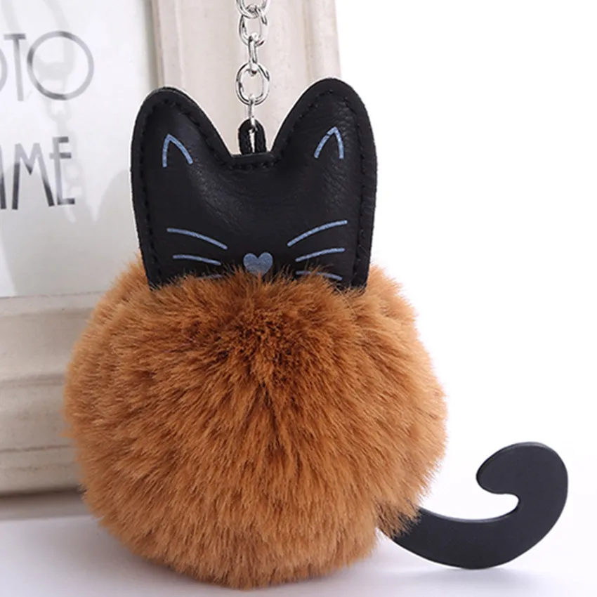 1 Pcs Cute Pompom Fluffy Cat Keychain Lovely Faux Rabbit Fur Ball