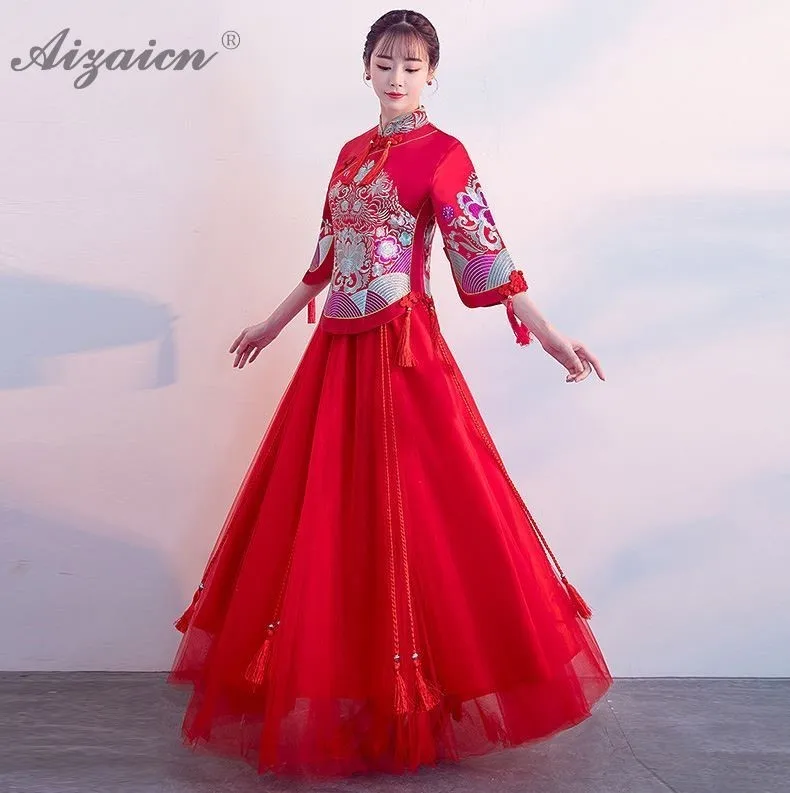 Летние красные свадебные платья для свадьбы Chinoise Tassel Длинные Cheongsam современный Восточный стиль плюс размер Qi Pao женское китайское