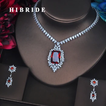 HIBRIDE Luxury Red Crystal CZ Stone Jewelry Sets For Women Bride Necklace Set Wedding  Dress Accessories Wholesale Price N-387