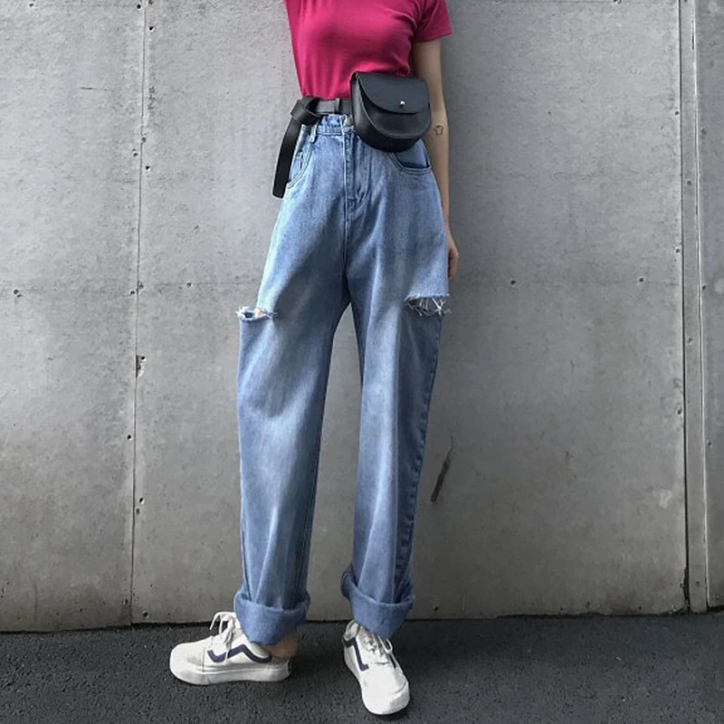 

2019 Fashion Full Length Jeans Woman Plus Size Ripped Boyfriend Mom jeans Ladies women Loose Wide Leg jeans pants jeans mujer