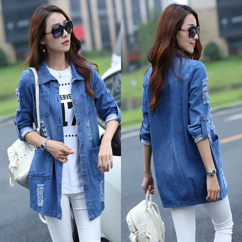 Bigsweety Basic Long Jeans Coats Women Slim Ripped Denim Jacket Femme