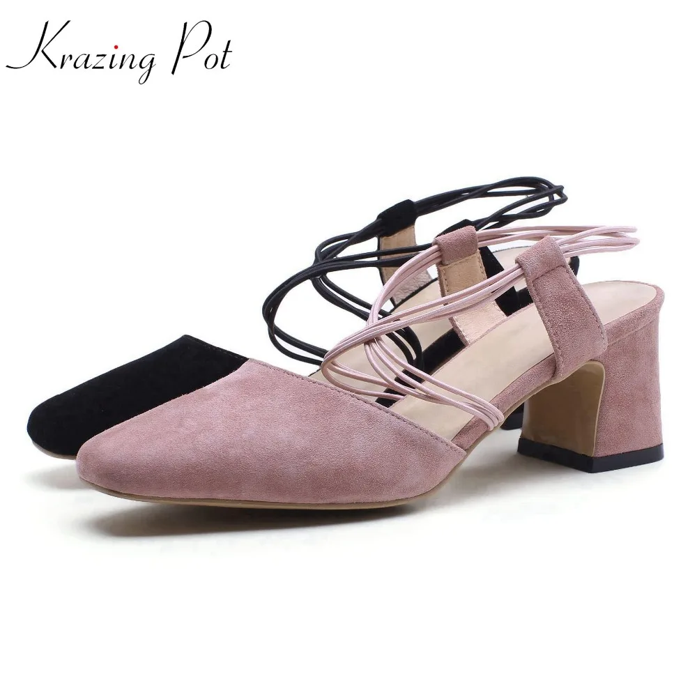 

Krazing Pot 2018 sheep suede slip on empty back square high heels summer sweet women sandals slingback handmade brand shoes L38