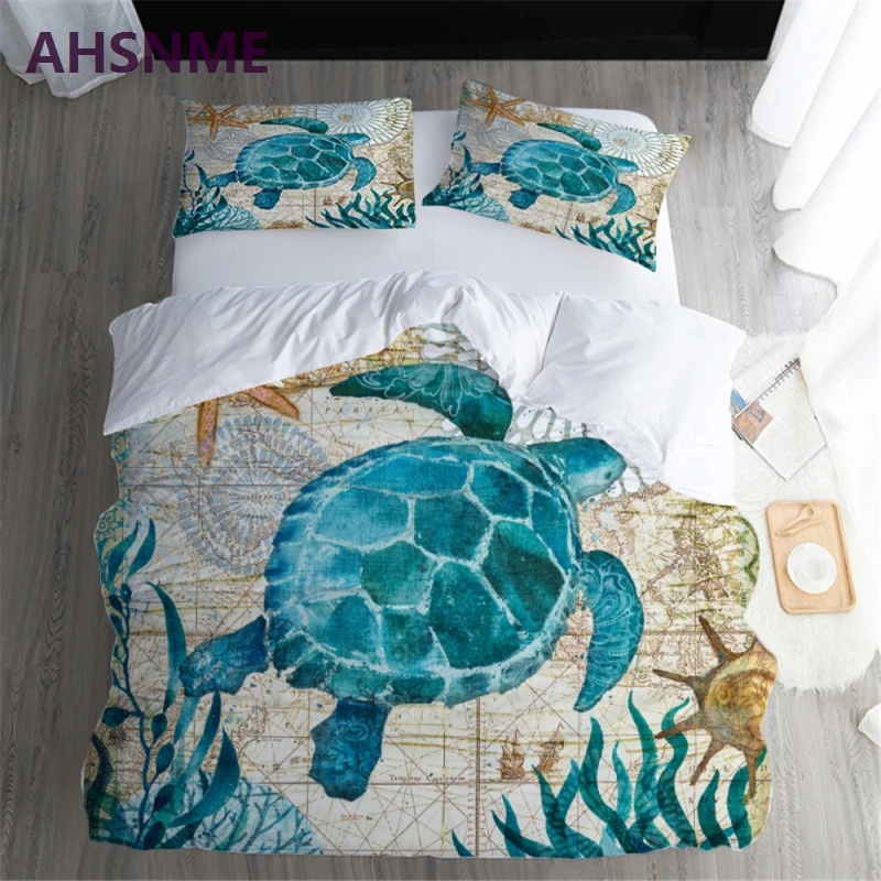 

AHSNME Blue Turtle with Mysterious Nautical Map Quilt Cover Ink Painting Home Textile Products Adapts to US and Australian size