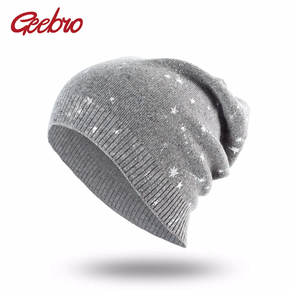 

Geebro Women's Beanies Hat Spring Wool Stars Print Slouchy Beanie for Women Autumn Knitted Thin Skullies Beanie Hat for Female