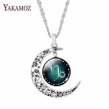 12 Constellation Necklace Glass Cabochon Crescent Moon Necklaces for Women Fashion Jewelry