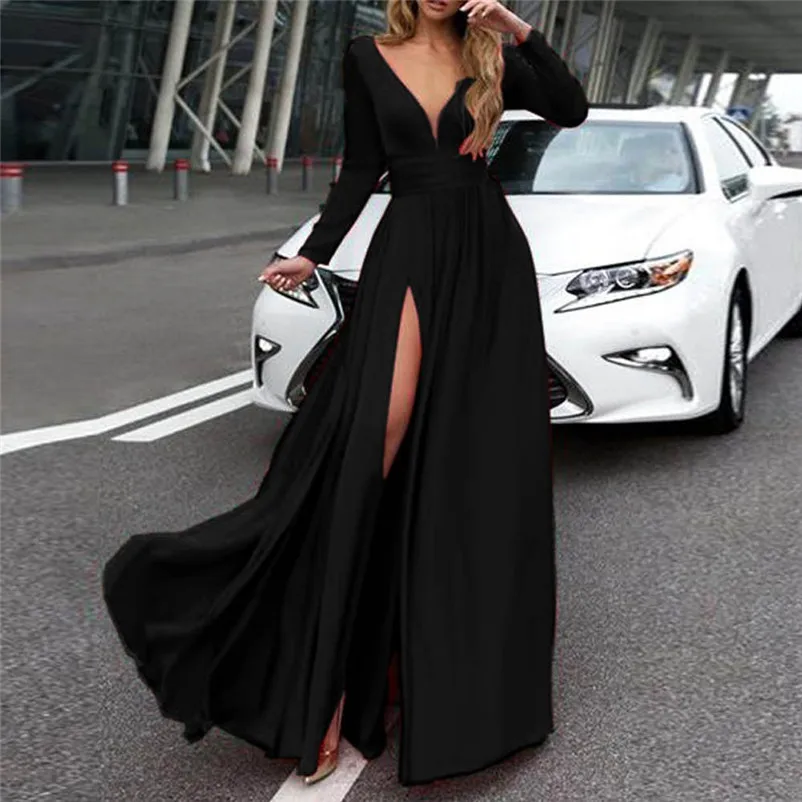 Women's Long Sleeve Sexy V Neck Soild Sling Everying Party Long Dress Casual elegant High Quality dress New Arrival N16#N (5)