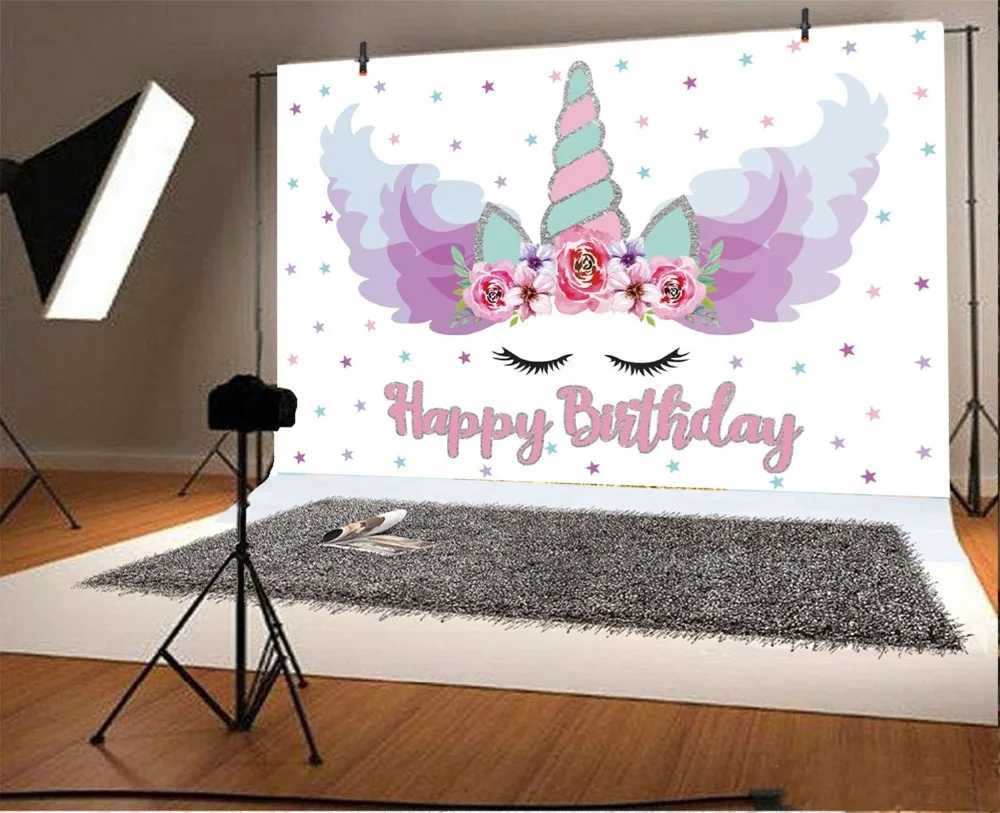 Laeacco Unicorn Birthday Party Flower Watercolor Star Child Portrait Photo Backdrops Photography Backgrounds Photo Studio