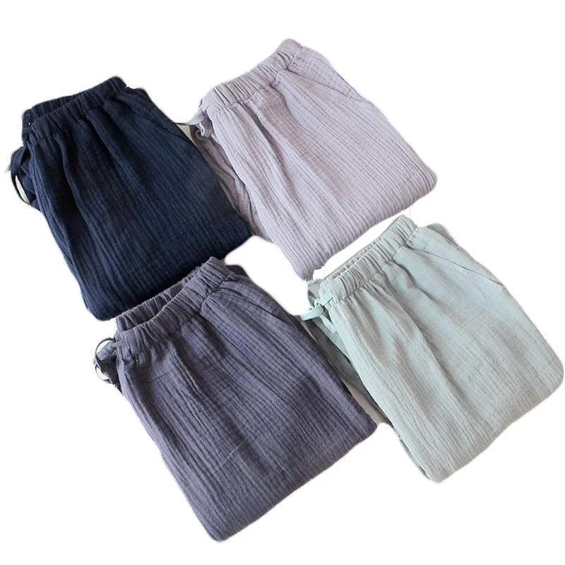 Baratos Pantalones de dormir de algodón 2019 para mujer, pantalones de algodón de crepé de estilo simplicidad, pantalones de dormir puros de algodón lavados para el hogar