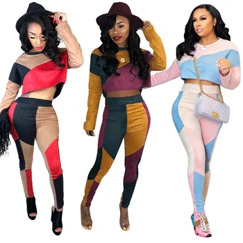 

New High Fashion Design Patchwork Women Full Sleeve Top With Pants Autumn Winter Women Two Piece Set Women Suits