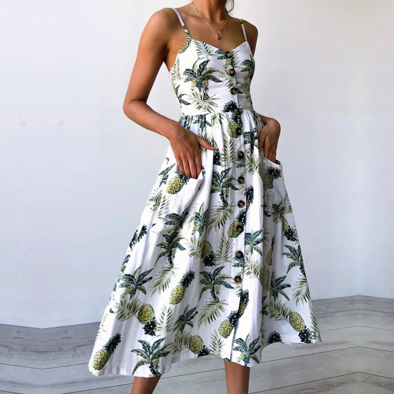 

Floarl Summer Dress Women 2019 Floral Tunic Beach Sundress Dresses Pocket Sleeveless Bohemian Sexy Dress