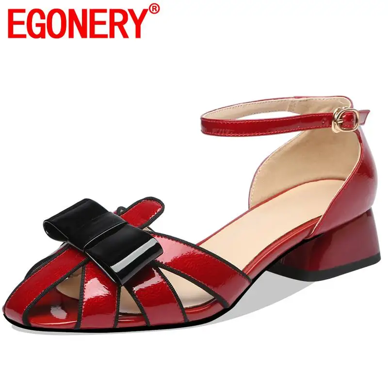 

EGONERY brand high quality patent leather dance shoes summer fashion girl Vintage red pink 3.5cm low heels party sandals