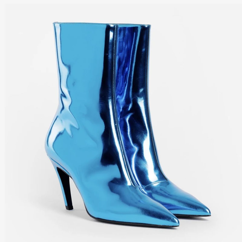 

THEMOST Women Metallic Mirror Pointy Toe Strange Thigh High Heel Ankle Boots Genuine Leather Lining Christmas Party Gfit Woman