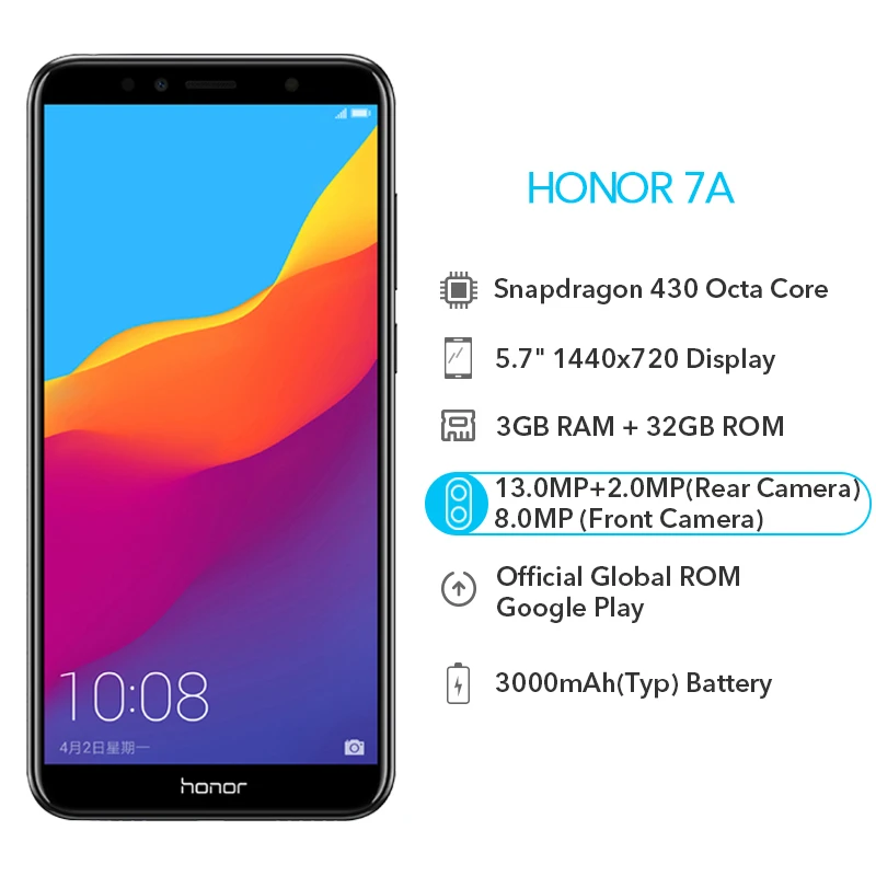 Официальный Глобальный ПЗУ Honor 7A 3GB 32GB Snapdragon 430 Восьмиядерный отпечаток пальца ID 5 7